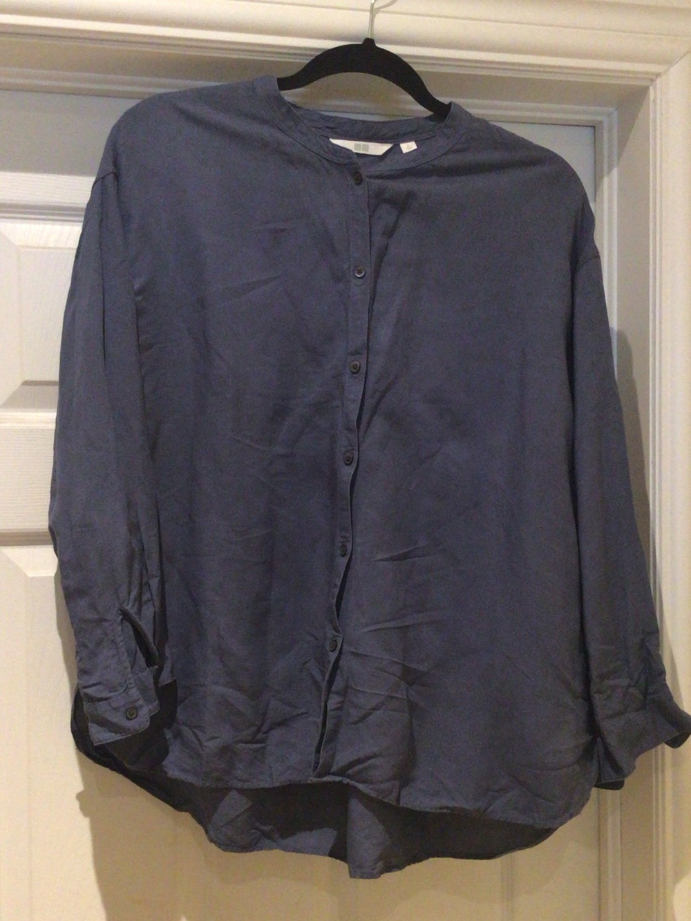 Quietly Elegant Essentials Summer Blue Collarless Button-Down Shirt Linen